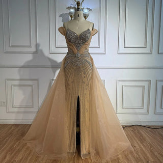 Ships in 2 to 5 Days - Luxury Red Beaded Mermaid Evening Dress – Gown with Overskirt and Thigh-High Slit