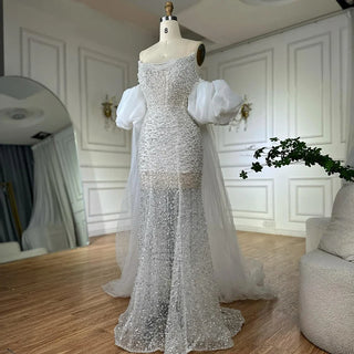 Ships in 2 to 5 Days - 2025 White Beaded Strapless Evening & Wedding Gown with Detachable Puffy Sleeves – Formal Party Dress