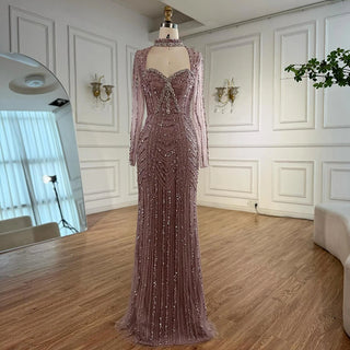 Ships in 2 to 5 Days - 2025 Caramel Beaded Mermaid Evening Gown – Long Sleeve Formal Dress for Weddings & Parties