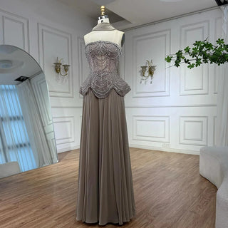 Ships in 2 to 5 Days -Luxury Designer Nude Beaded Chiffon Evening Gown for Women – Elegant Dress for Weddings & Formal Parties