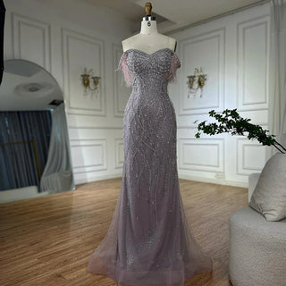 Ships in 2 to 5 Days -2025 Custom Nude Beaded Mermaid Evening Dress – Formal Gown with Feathered Details