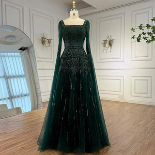 Ships in 2 to 5 Days - Customized Green Beaded A-Line Evening Dress with Cape – Formal Occasion Gown