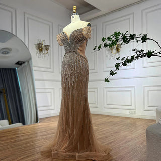 Ships in 2 to 5 Days -2025 Custom Saudi-Style Off-Shoulder Beaded Nude Tulle Mermaid Evening Dress – Formal Occasion Gown