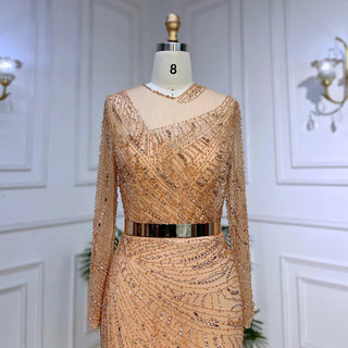 Ships in 2 to 5 Days - 2025 Muslim Gold Mermaid Evening Dress - Luxury Elegant Beaded Gown with Sashes for Women’s Parties