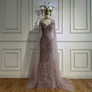 Ships in 2 to 5 Days -Caramel Beaded Feathered Mermaid Evening Dress with Detachable Cape Sleeves – Gown for Formal Occasions