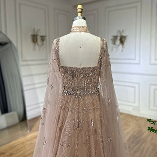 2025 Arabic Nude A-Line Cape Sleeve Crystal Beaded Saudi Evening Dresses Gowns for Formal Occasions