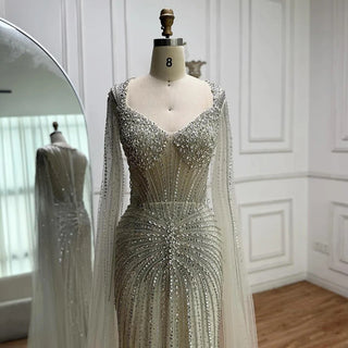Ships in 2 to 5 Days - Luxury Nude Beaded Evening Dress – Saudi-Inspired Formal Gown with Cape Sleeves