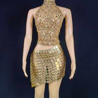 Gold Sequin Sheer Illusion Dress – Halter Neck Crystal Beaded Mini Skirt Gown