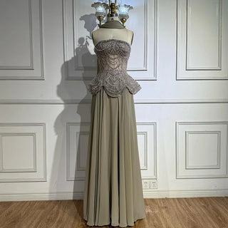 Ships in 2 to 5 Days -Luxury Designer Nude Beaded Chiffon Evening Gown for Women – Elegant Dress for Weddings & Formal Parties