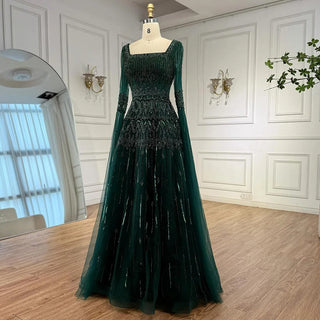 Ships in 2 to 5 Days - Customized Green Beaded A-Line Evening Dress with Cape – Formal Occasion Gown