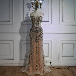 Ships in 2 to 5 Days -2025 Custom Green Saudi-Inspired Evening Dress – Strapless Beaded Formal Gown