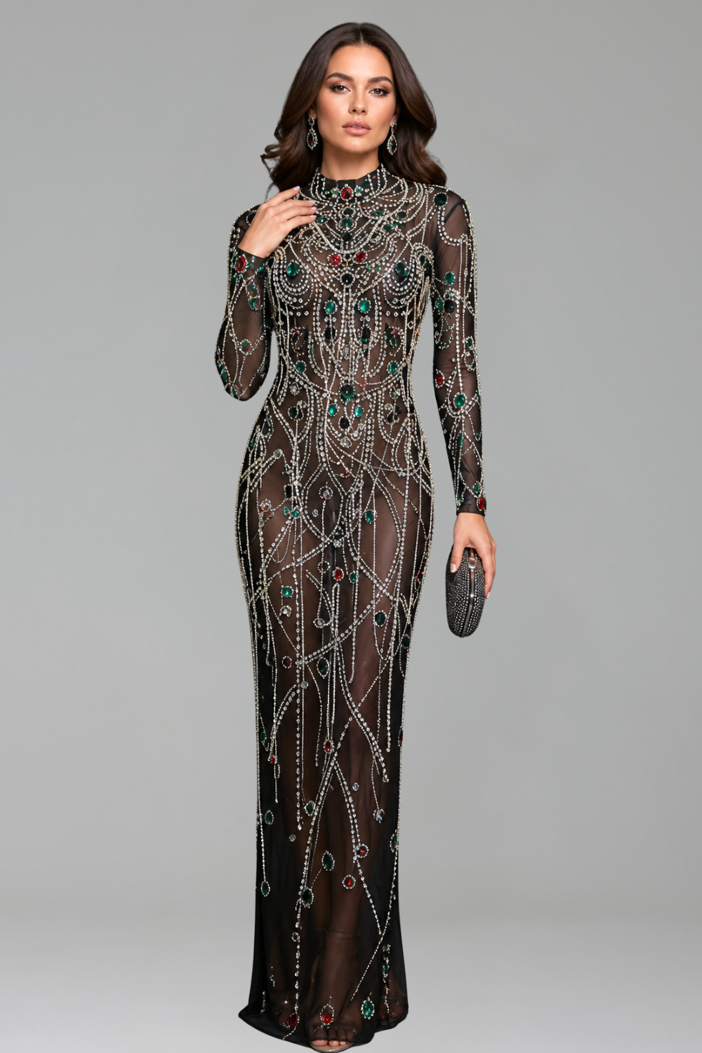 Sheer Crystal Embellished Column Gown - LAROSABRIDE