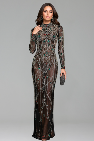 Sheer Crystal Embellished Column Gown - LAROSABRIDE