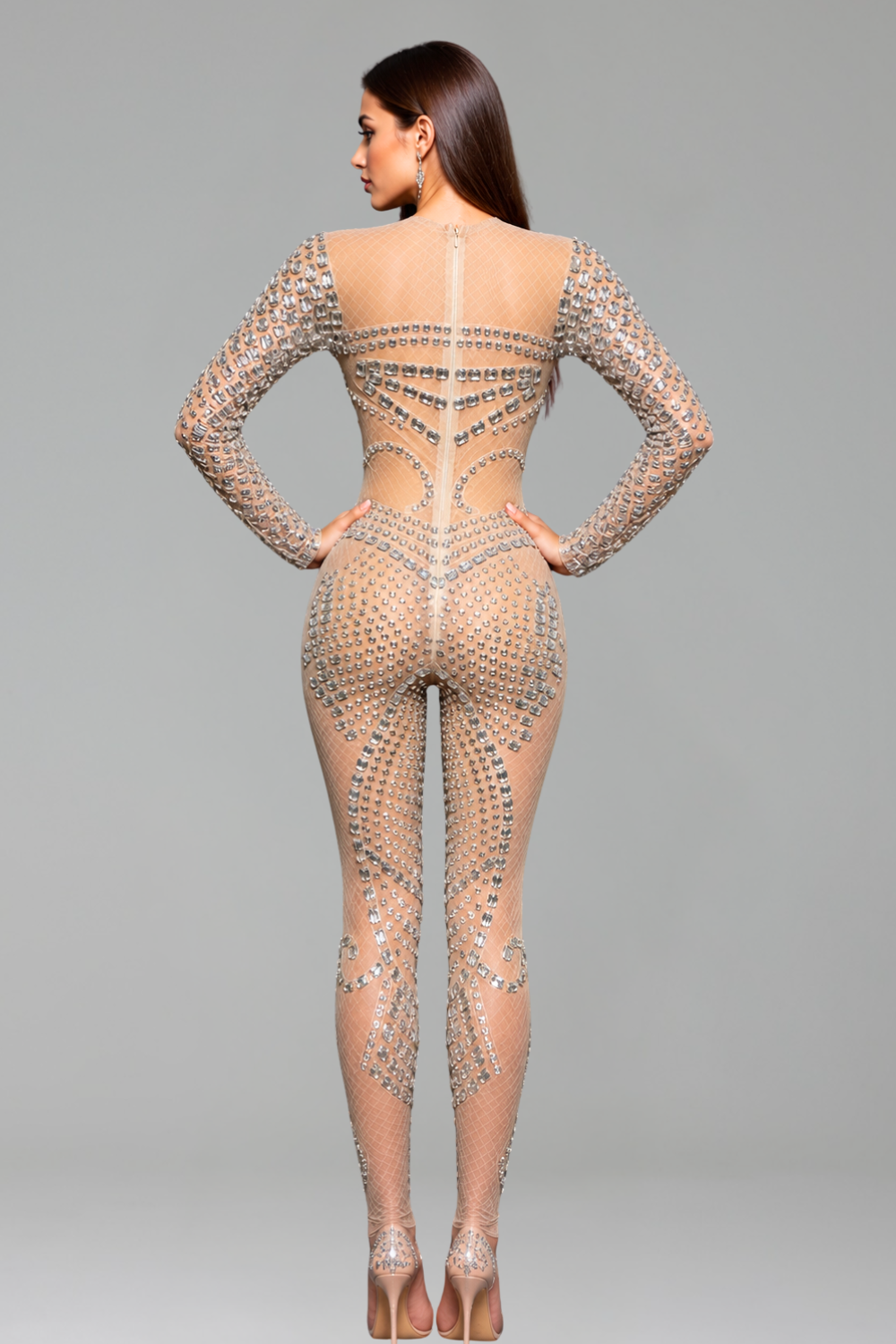 Sheer Embellished Long Sleeve Jumpsuit - LAROSABRIDE