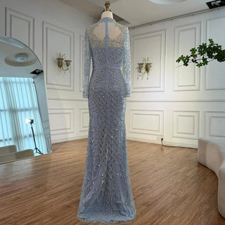 Ships in 2 to 5 Days - Luxury Caramel Beaded Evening Dress – High Neck Long Sleeve Mermaid Gown