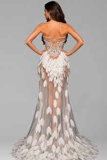 Strapless Pearl Feather Illusion Gown - LAROSABRIDE