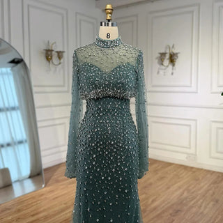 Turquoise Beaded Mermaid Evening Dress with Detachable High-Neck Overlay and Strapless Inner Gown
