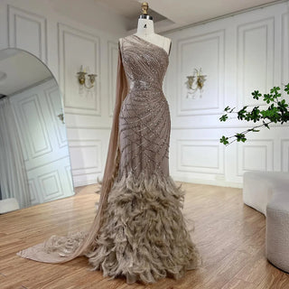 Ships in 2 to 5 Days - Mint Mermaid One-Shoulder With Overskirt Beaded Feathers Evening Dress - Gown for Women's Wedding Party