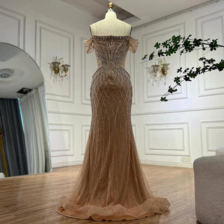 Ships in 2 to 5 Days -2025 Custom Saudi-Style Off-Shoulder Beaded Nude Tulle Mermaid Evening Dress – Formal Occasion Gown