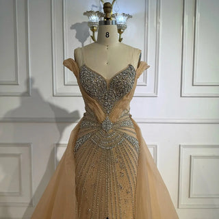 Ships in 2 to 5 Days - Luxury Red Beaded Mermaid Evening Dress – Gown with Overskirt and Thigh-High Slit