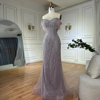 Ships in 2 to 5 Days -2025 Custom Nude Beaded Mermaid Evening Dress – Formal Gown with Feathered Details