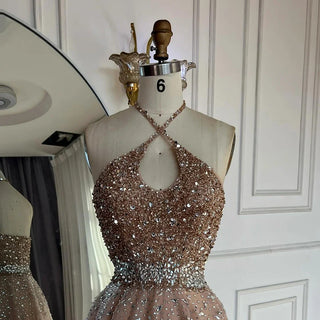 Ships in 2 to 5 Days - Customized Saudi Arabic Caramel Halter Beaded Tulle A-Line Evening Dress – Party Gown for Formal Occasions
