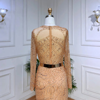 Ships in 2 to 5 Days - 2025 Muslim Gold Mermaid Evening Dress - Luxury Elegant Beaded Gown with Sashes for Women’s Parties