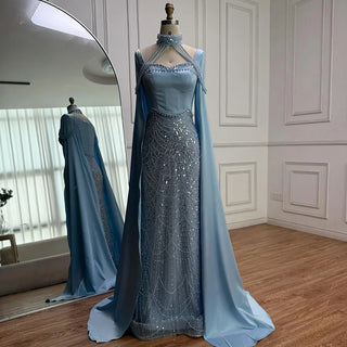 Luxury Arabic Pearl Beaded Mermaid Evening Dress with Cape