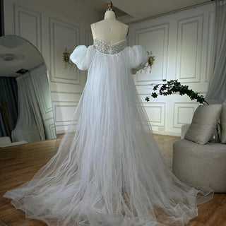 Ships in 2 to 5 Days - 2025 White Beaded Strapless Evening & Wedding Gown with Detachable Puffy Sleeves – Formal Party Dress