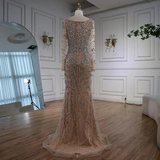 Ships in 2 to 5 Days - Luxury Nude Crystal Beaded Mermaid Evening Gown with Long Sleeves – Designer Formal Dress