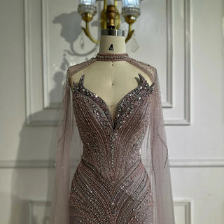 Ships in 2 to 5 Days -Caramel Beaded Feathered Mermaid Evening Dress with Detachable Cape Sleeves – Gown for Formal Occasions