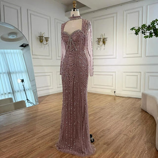 Ships in 2 to 5 Days - 2025 Caramel Beaded Mermaid Evening Gown – Long Sleeve Formal Dress for Weddings & Parties