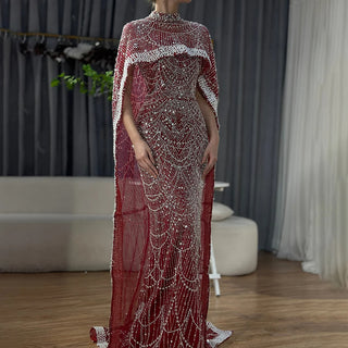 Ships in 2 to 5 Days - Luxury Nude Mermaid Evening Gown with Long Cape – Saudi Arabic Formal Dress