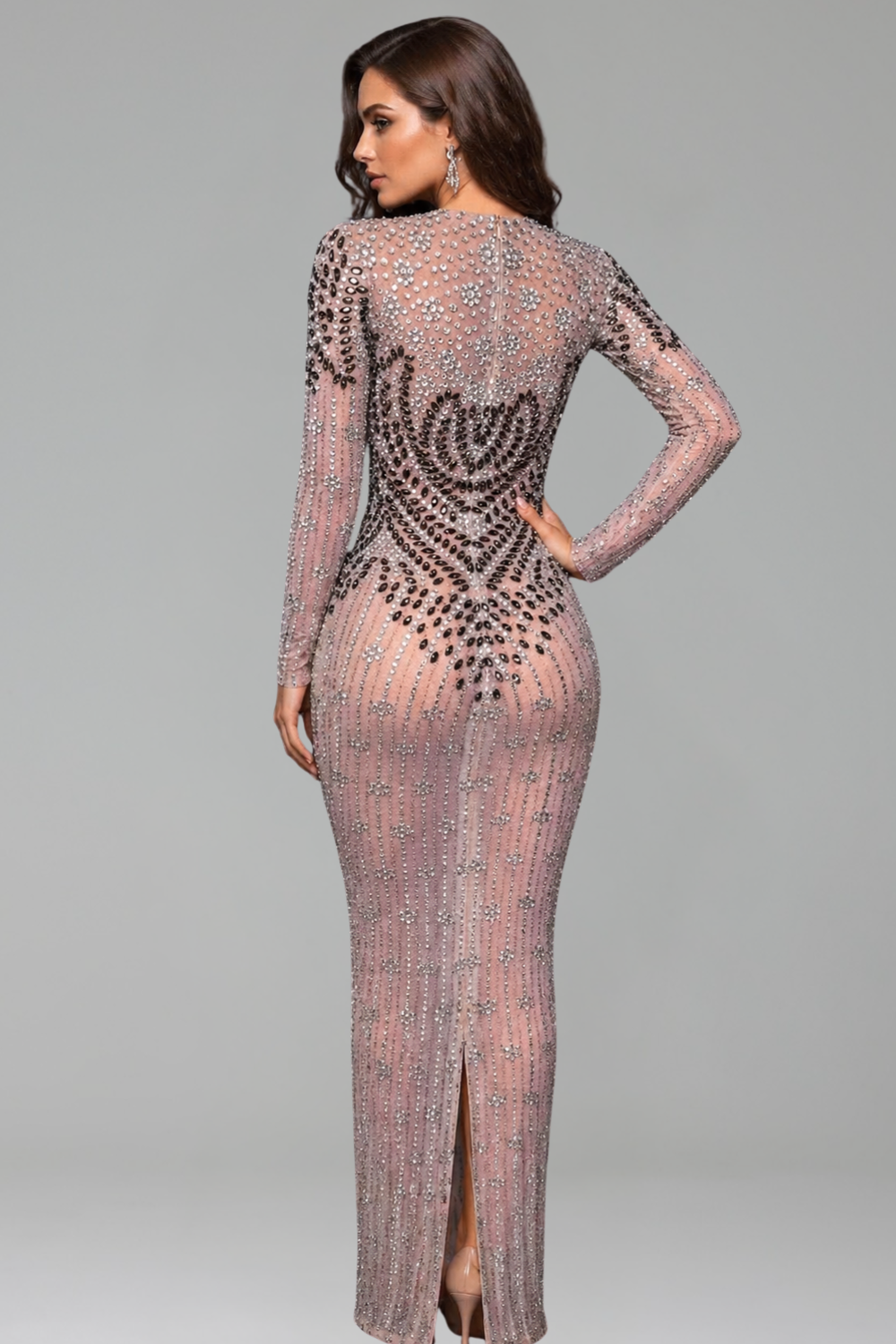 Sheer Illusion Crystal Column Gown - LAROSABRIDE
