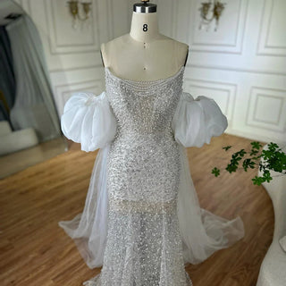 Ships in 2 to 5 Days - 2025 White Beaded Strapless Evening & Wedding Gown with Detachable Puffy Sleeves – Formal Party Dress