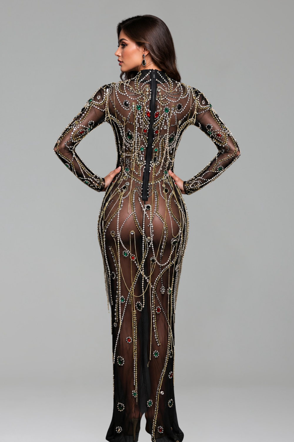 Sheer Crystal Embellished Column Gown - LAROSABRIDE