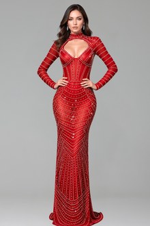 Sheer Crystal-Studded Cutout Gown - LAROSABRIDE