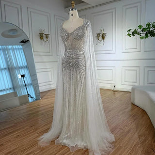 Ships in 2 to 5 Days - Luxury Nude Beaded Evening Dress – Saudi-Inspired Formal Gown with Cape Sleeves