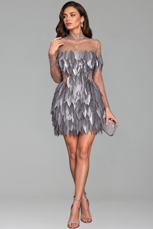 Sheer High-Neck Feathered Mini Dress - LAROSABRIDE