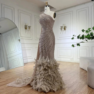 Ships in 2 to 5 Days - Mint Mermaid One-Shoulder With Overskirt Beaded Feathers Evening Dress - Gown for Women's Wedding Party
