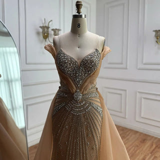 Ships in 2 to 5 Days - Luxury Red Beaded Mermaid Evening Dress – Gown with Overskirt and Thigh-High Slit