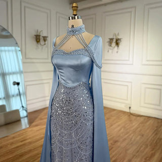 Luxury Arabic Pearl Beaded Mermaid Evening Dress with Cape