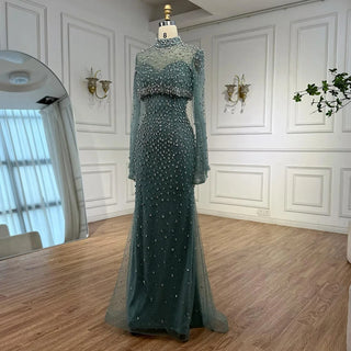 Turquoise Beaded Mermaid Evening Dress with Detachable High-Neck Overlay and Strapless Inner Gown