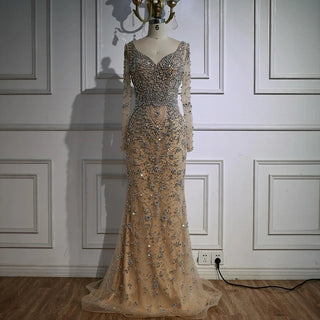 Ships in 2 to 5 Days - Luxury Nude Crystal Beaded Mermaid Evening Gown with Long Sleeves – Designer Formal Dress
