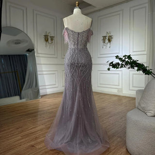 Ships in 2 to 5 Days -2025 Custom Nude Beaded Mermaid Evening Dress – Formal Gown with Feathered Details