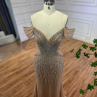 Ships in 2 to 5 Days -2025 Custom Saudi-Style Off-Shoulder Beaded Nude Tulle Mermaid Evening Dress – Formal Occasion Gown