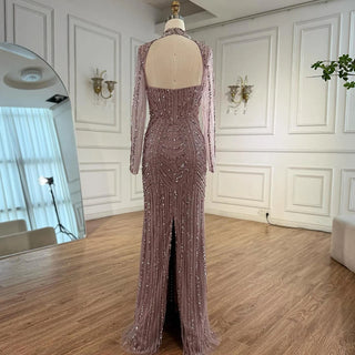 Ships in 2 to 5 Days - 2025 Caramel Beaded Mermaid Evening Gown – Long Sleeve Formal Dress for Weddings & Parties