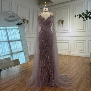 Ships in 2 to 5 Days -Caramel Beaded Feathered Mermaid Evening Dress with Detachable Cape Sleeves – Gown for Formal Occasions