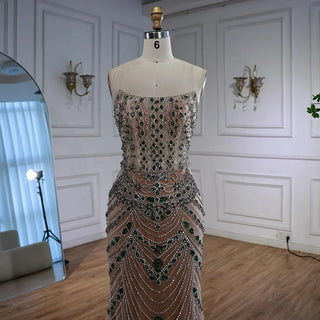 Ships in 2 to 5 Days -2025 Custom Green Saudi-Inspired Evening Dress – Strapless Beaded Formal Gown