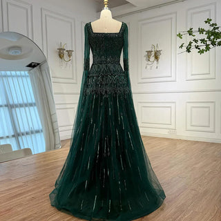 Ships in 2 to 5 Days - Customized Green Beaded A-Line Evening Dress with Cape – Formal Occasion Gown
